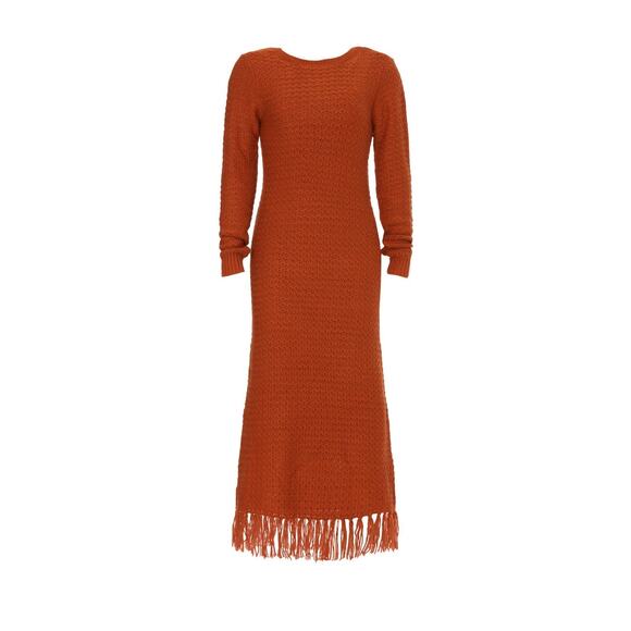 Pamela Love Orange Fringe Knit Long Sleeve Midi Boho Sweater Dress Size Medium - Picture 4 of 12